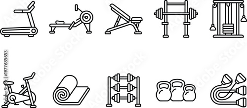 A collection of various gym equipment and exercise machines for fitness and workout