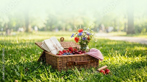 Vertical still life of Memorial Day picnic basket filled with berries and wildflowers