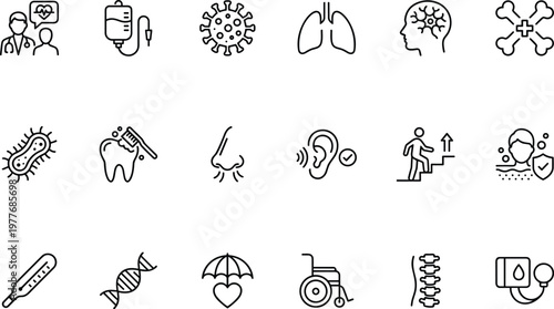 A collection of black and white medical icons on a white background