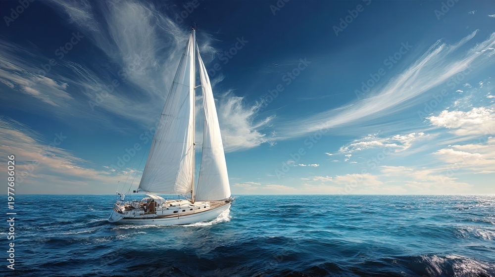 Obraz premium Elegant white sailboat with tall sail gliding across deep blue open ocean under bright sky with wispy clouds. AI generated image