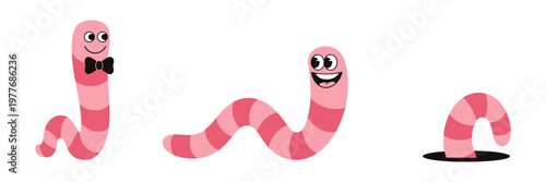 Pink worm flat style earthworm cartoon character, cute friendly soil worm illustration representing composting, gardening, and nature, vector illustration isolated on a white background.
