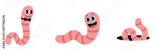 Pink worm flat style earthworm cartoon character, playful cartoon worm design for ecology, compost, and educational nature themes, vector illustration for kids and environmental projects.