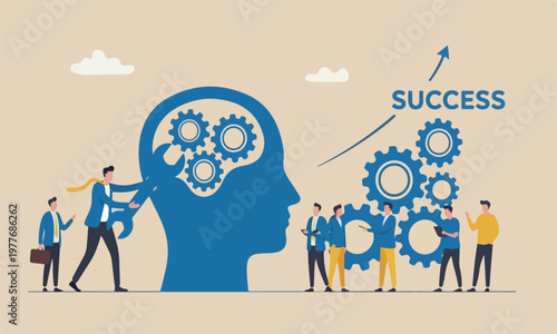 Change mindsemeeting together training new skill to success, mentor or coaching concept, businessman with wrench to adjust gear cogwheels on human head metaphor of mindset.