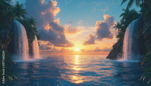 Serene tropical waterfall landscape at sunset with palm trees  