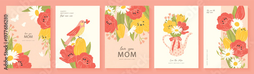 Set of vertical greeting card designs for Mother's Day in artistic grainy style featuring spring bouquets, a floral watering can and a sweet bird, elegant collection for holiday messages, vector