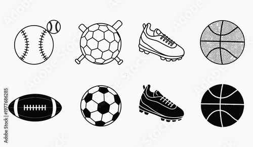 Various sports equipment illustrated in a simple black and white line art style