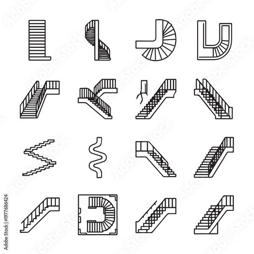 Architectural Stair Designs and Escalator Variations in a Clean Line Art Style