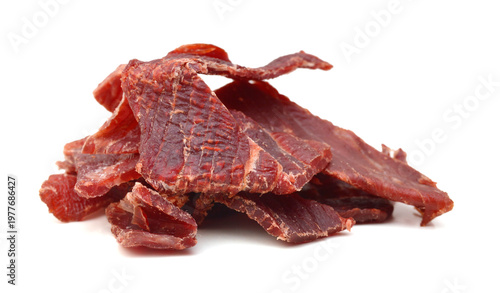 Beef jerky pieces on white background
