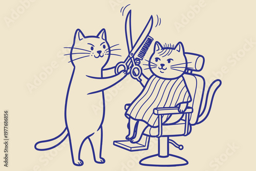 Minimalist Blue Ink Cat Barber Trimming Another Cat, Whimsical Hand Drawn Vector