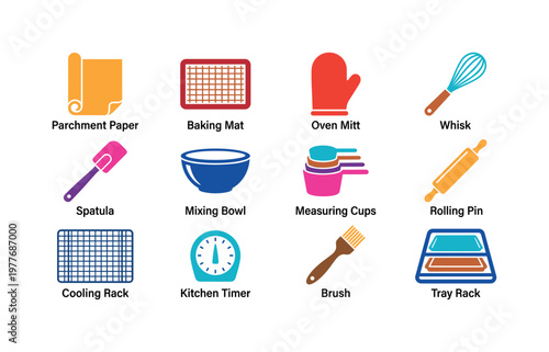 Collection of baking tools and accessories for culinary preparation and cooking