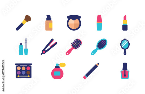 Collection of colorful flat design beauty and grooming icons on white background