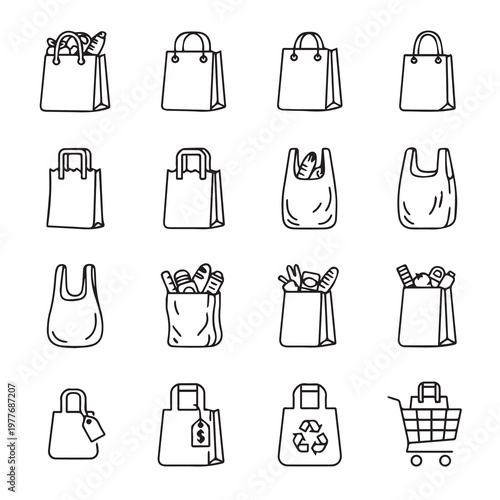 Assorted shopping bags and grocery cart icons for commerce and retail concepts