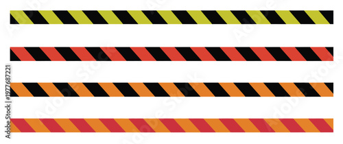 Warning, vector icon collection with diagonal striped caution tape ribbon, representing restricted area, danger alert, and safety control, clean modern flat design