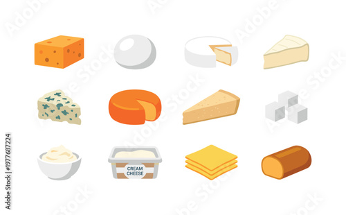 Collection of various cheese types and dairy products in a clean, modern illustration style