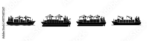 Black silhouette of cargo ships with containers and cranes for global trade and shipping industry