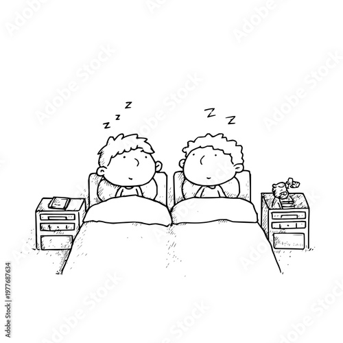 Two children sleeping peacefully in separate beds with nightstands in a simple hand drawn sketch style illustration representing rest and quiet childhood bedtime routines