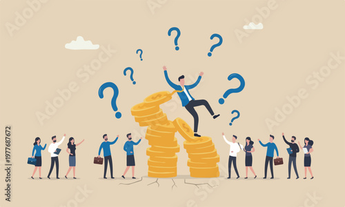 Financial bankruptcy lines and minimal shading teams together concept, businessman investor falling from stack of unstable money coins