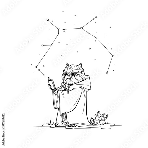 Wise owl wizard reading a grimoire under a celestial star constellation map with small forest creatures standing beside in a whimsical hand drawn line art illustration