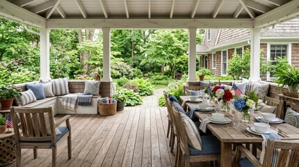 Outdoor dining porch prepared for Memorial Day brunch