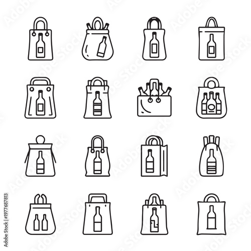 Assortment of Bottle Carrier Bags with Wine Bottle Icons in Line Art Style