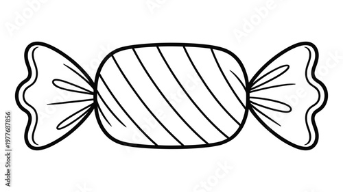 Black and white line drawing of a wrapped piece of candy with vertical stripes on the wrapper