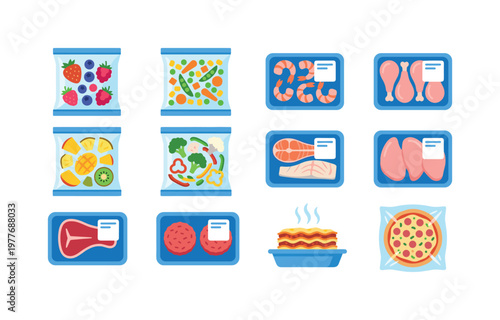 Collection of frozen food items in packaging for convenient storage and meals