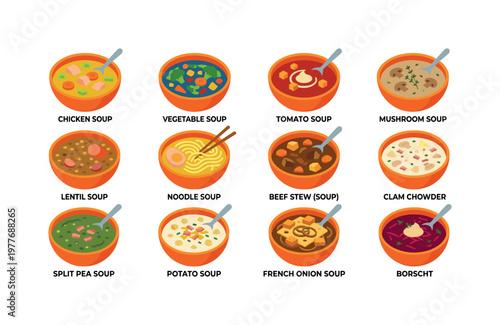 Collection of twelve different delicious soup varieties in bowls