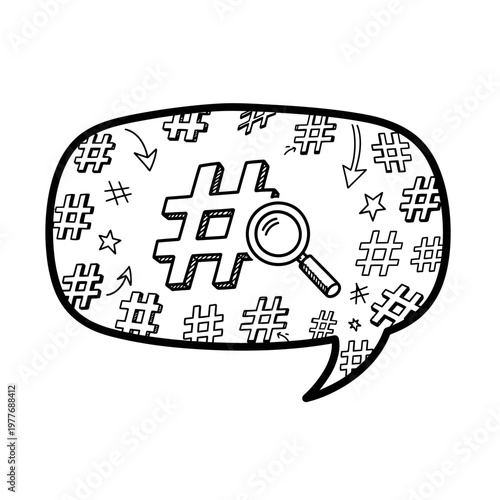 A speech bubble with a magnifying glass on a hashtag pattern.