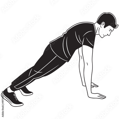 Man in athletic gear stretches legs on white background in a mountain climber pose. Isolated illustration.