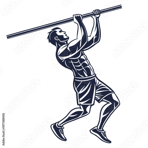 Athletic man performs a pull-up on a bar, showcasing upper body strength and focus during a workout.