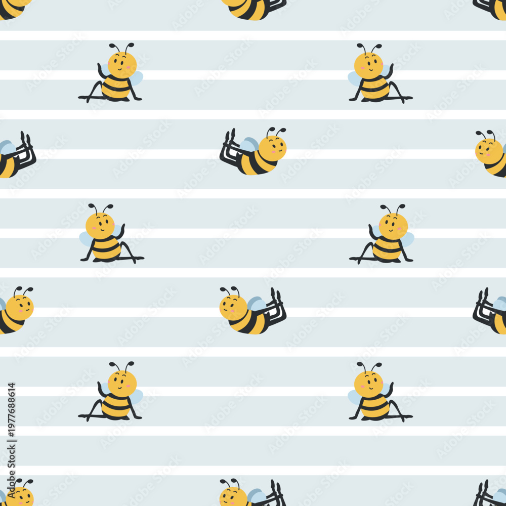 Fototapeta premium Cute yoga bees seamless pattern with stripes. Funny cartoon bee background vector