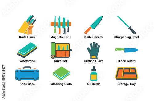 Collection of kitchen knife accessories and maintenance tools for safe storage and care