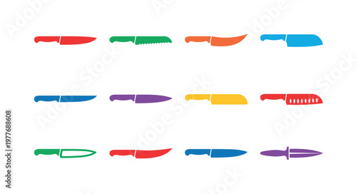Collection of colorful knife silhouettes with various blade shapes and handles
