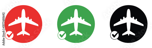 Photos Airplane, vector approval icon collection with checkmark and verified badge symb