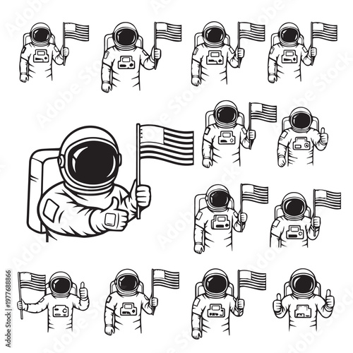 Astronaut figures with American flags in a flat line art style for space exploration themes