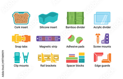 Collection of colorful icons representing various hardware and organizer components