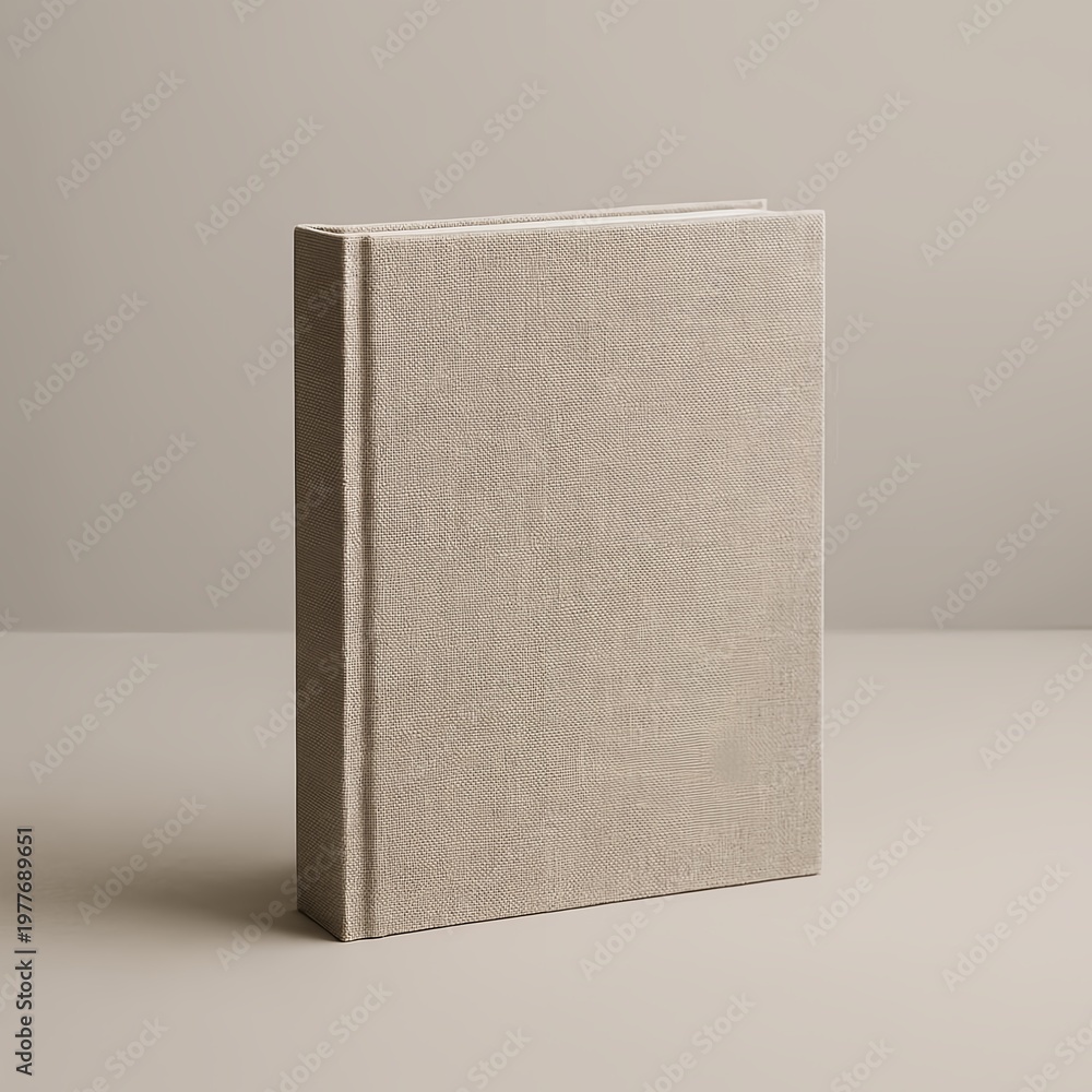 Fototapeta premium Minimalist linen book cover mockup in beige tones, clean style, blank hardcover for publishing or design with copy space