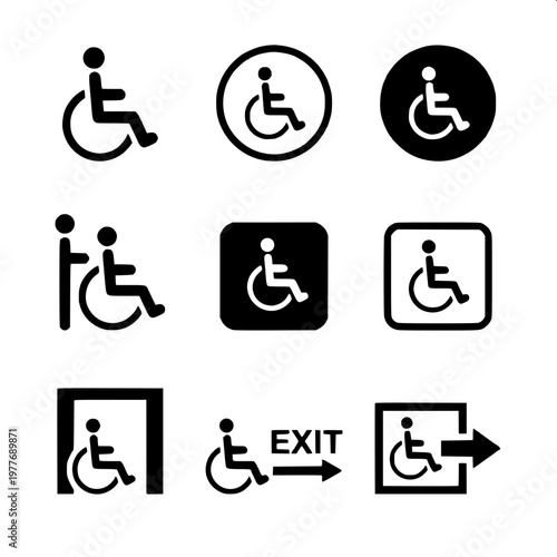“Inclusive accessibility icon set showing various wheelchair users in different poses, simple line-art vector style.”