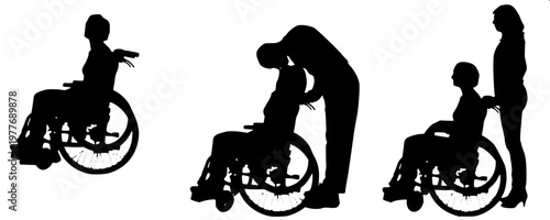 “Inclusive accessibility icon set showing various wheelchair users in different poses, simple line-art vector style.”