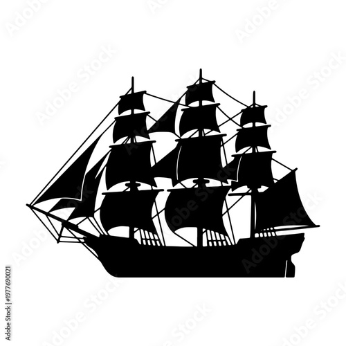 Black silhouette of a tall ship clipper sailing vessel vector illustration for nautical theme art