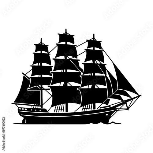 Black silhouette of a tall ship sailing vessel clipper ship vintage ship nautical vessel drawing