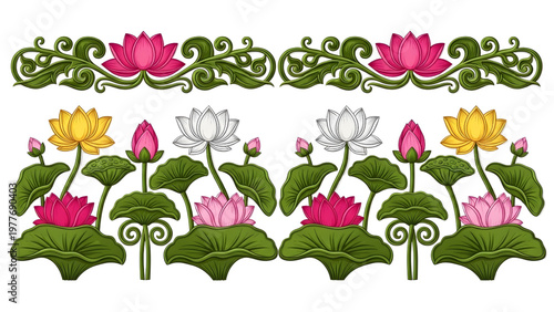 Traditional Sri Lankan Lotus Flower Border Seamless Pattern – Vibrant Floral Ornamental Vector Isolated on White Background