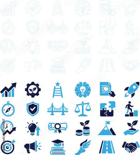 Set of business growth icons progress achievement success and collaboration symbols.