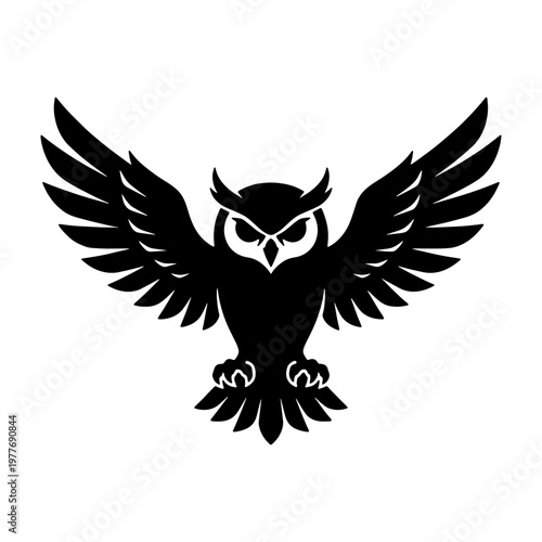 Vector graphic of a black owl with spread wings flying illustration nocturnal bird silhouette art design