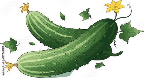Illustration of Fresh Cucumbers with Flowers and Leaves, Ideal for Organic, Farm-to-Table, and Healthy Food Designs