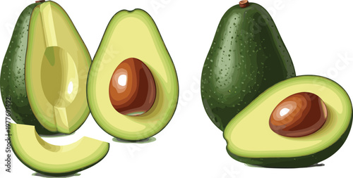 Illustration of Sliced and Whole Avocados with Seeds, Ideal for Food, Healthy Eating, and Organic Design Projects