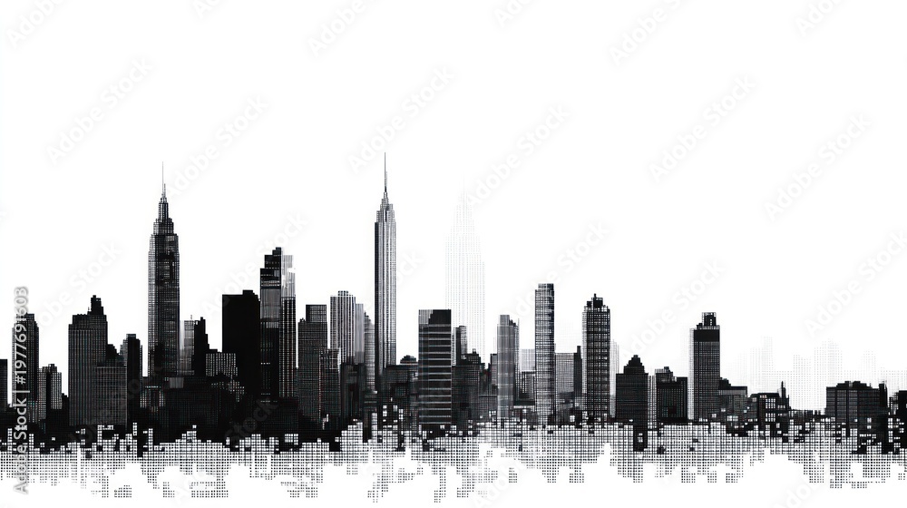 Obraz premium Cityscape skyline, urban landscape, morning light, reflection, graphic design
