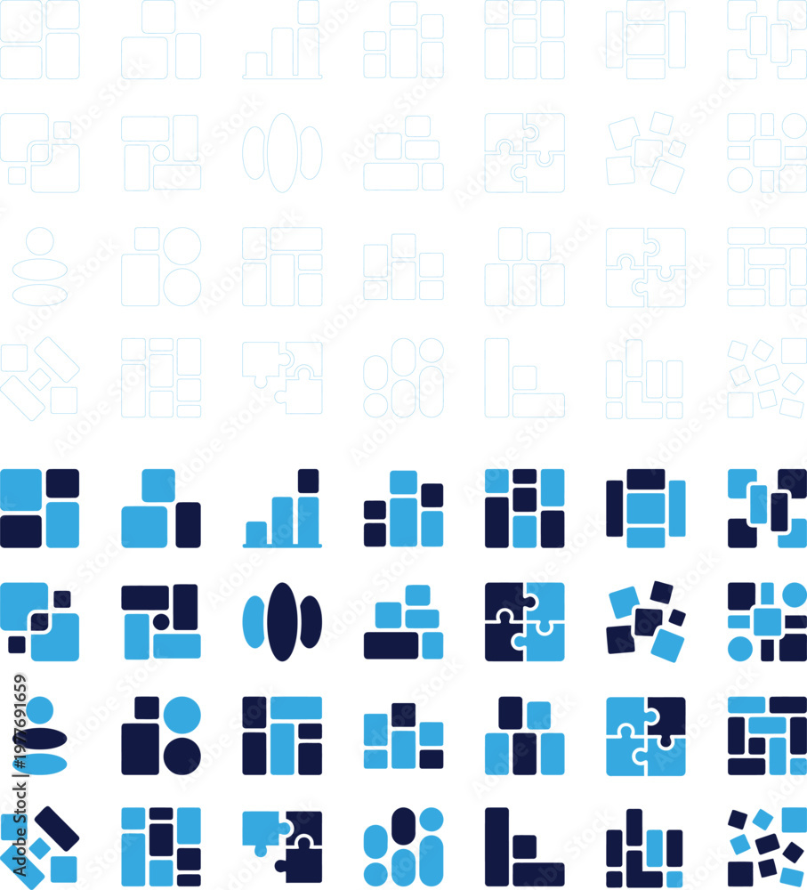 Obraz premium Building blocks icons in blue and dark blue for construction and strategy.