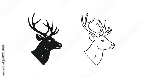 Vintage deer head vector illustration, rustic buck stag silhouette and line art icons, hunting trophy animal profile for logo design and branding