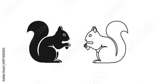 Minimalist squirrel vector icons set, black silhouette and line art squirrel holding a nut, modern wildlife animal logo elements for branding